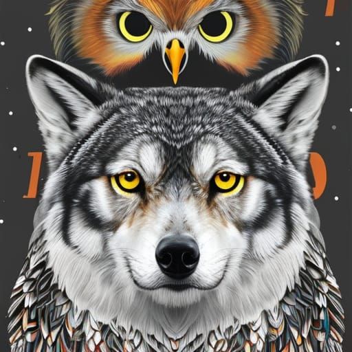 Wolves with Owl Feathers: Grayscale Line Drawing