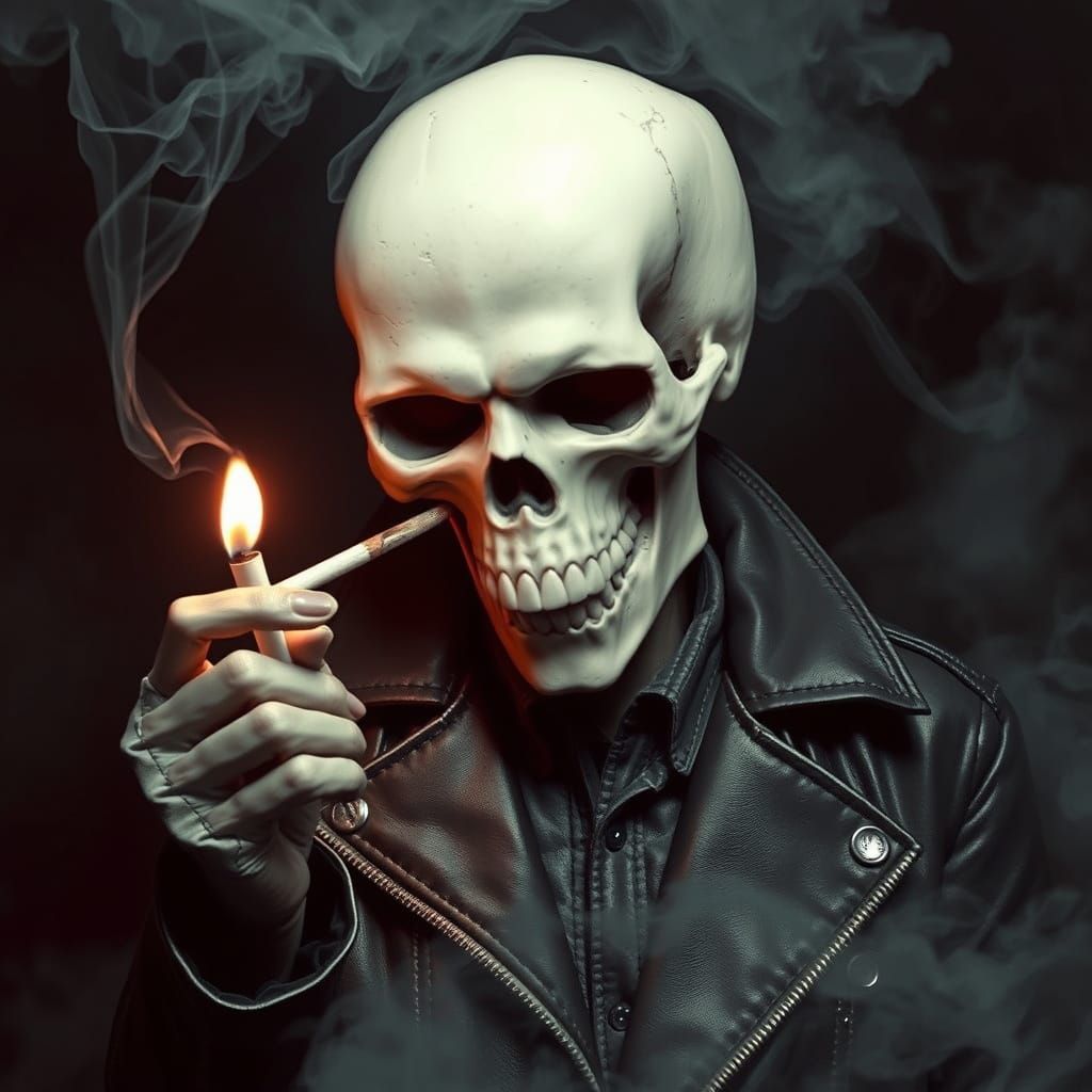 Skull in Leather Jacket, Smoking a Cigarette in Dark Gritty ...