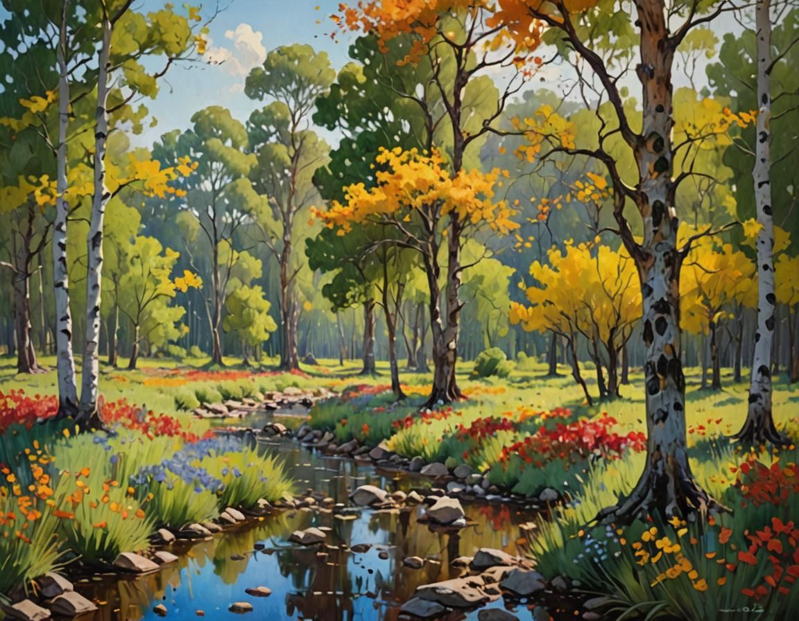 Impressionistic Landscape with Colorful Spots in Oil