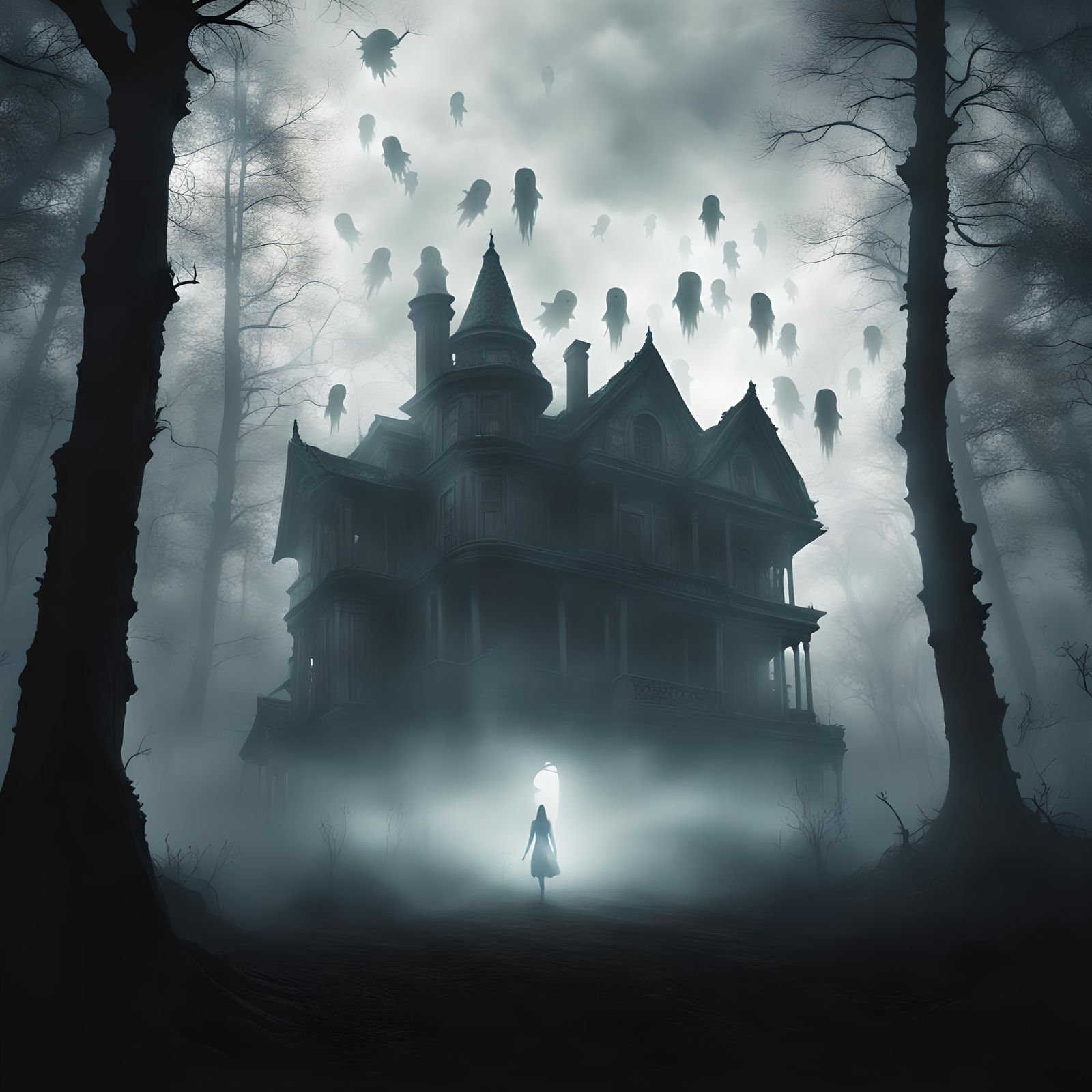 Eerie Spirits Haunt Misty Forest Silhouette