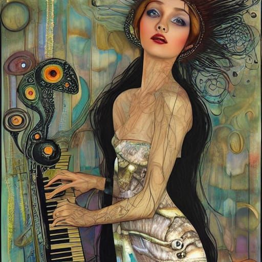 Ecstatic Pixie Piano Lady in Vibrant Abstract Art