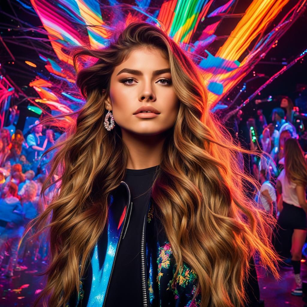 Sofia Reyes Dancing in Iridescent Nightclub, Splash Art Styl...