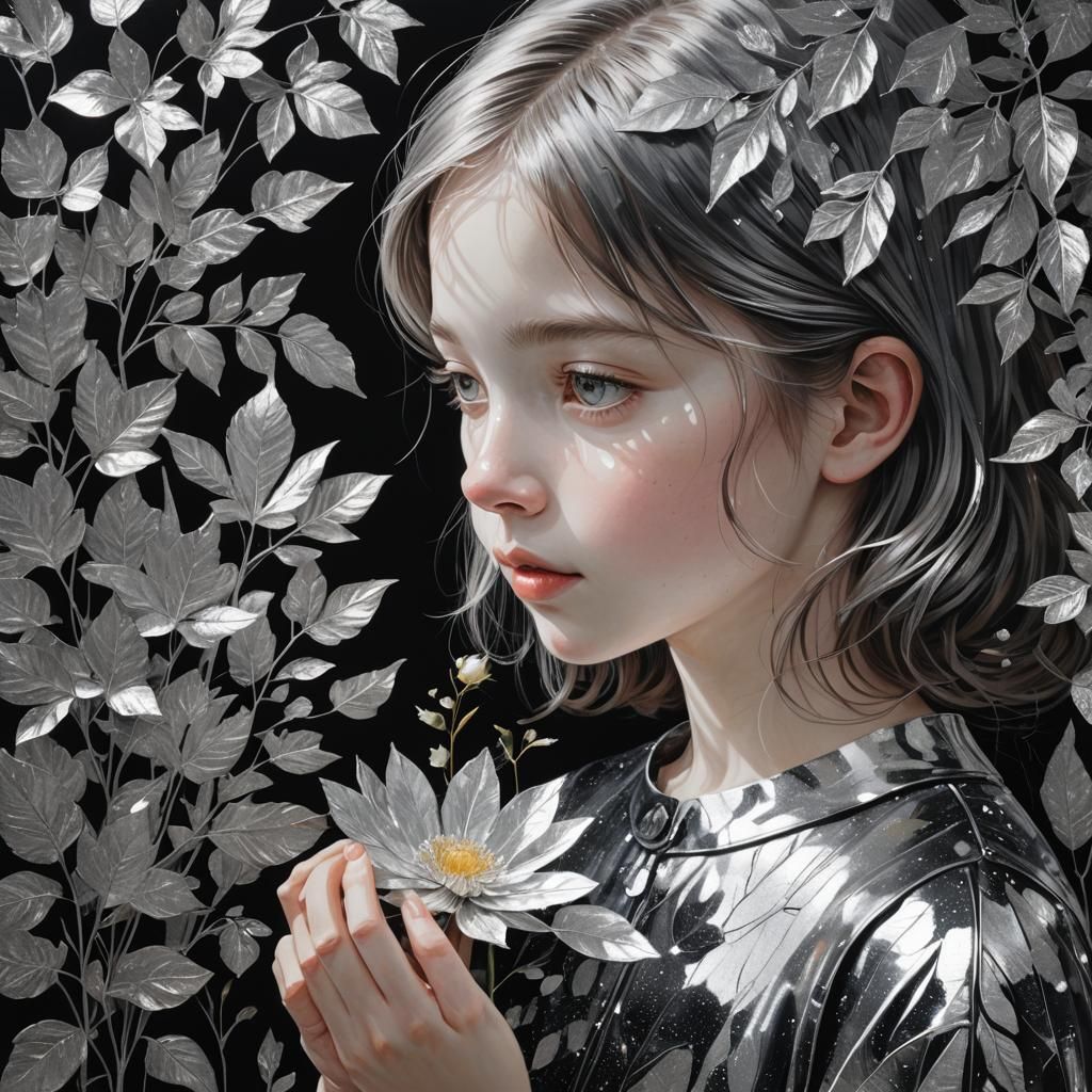 Girl in Silver Leaf Garden: Minimalist Artwork