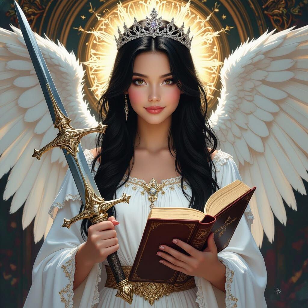 Angelic Girl with Sword and Bible in Detailed Matte Painting