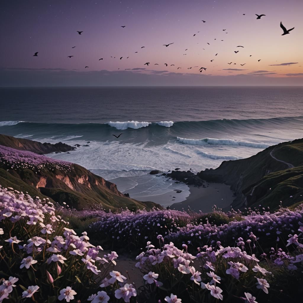 Dramatic Ocean Scene with Flowers and Birds
