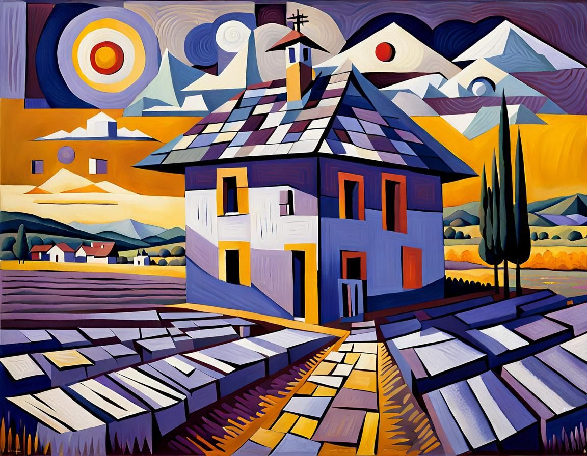 Lavender Field in Cubist Style with Geometric Shapes