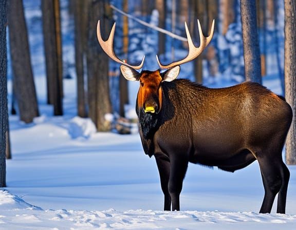 Majestic Moose Portrait in Snow-Filled Forest