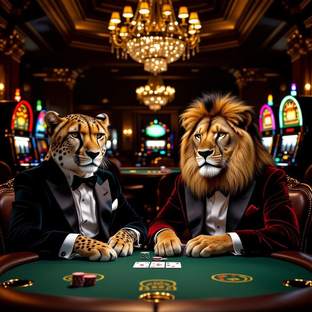 Lion and Cheetah Play Poker in Opulent Casino
