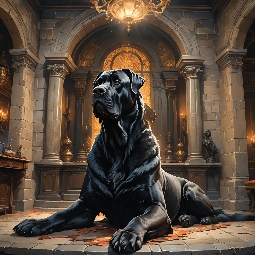 Gigantic Black Mastiff Dominates Castle Fireplace in Hyperde...