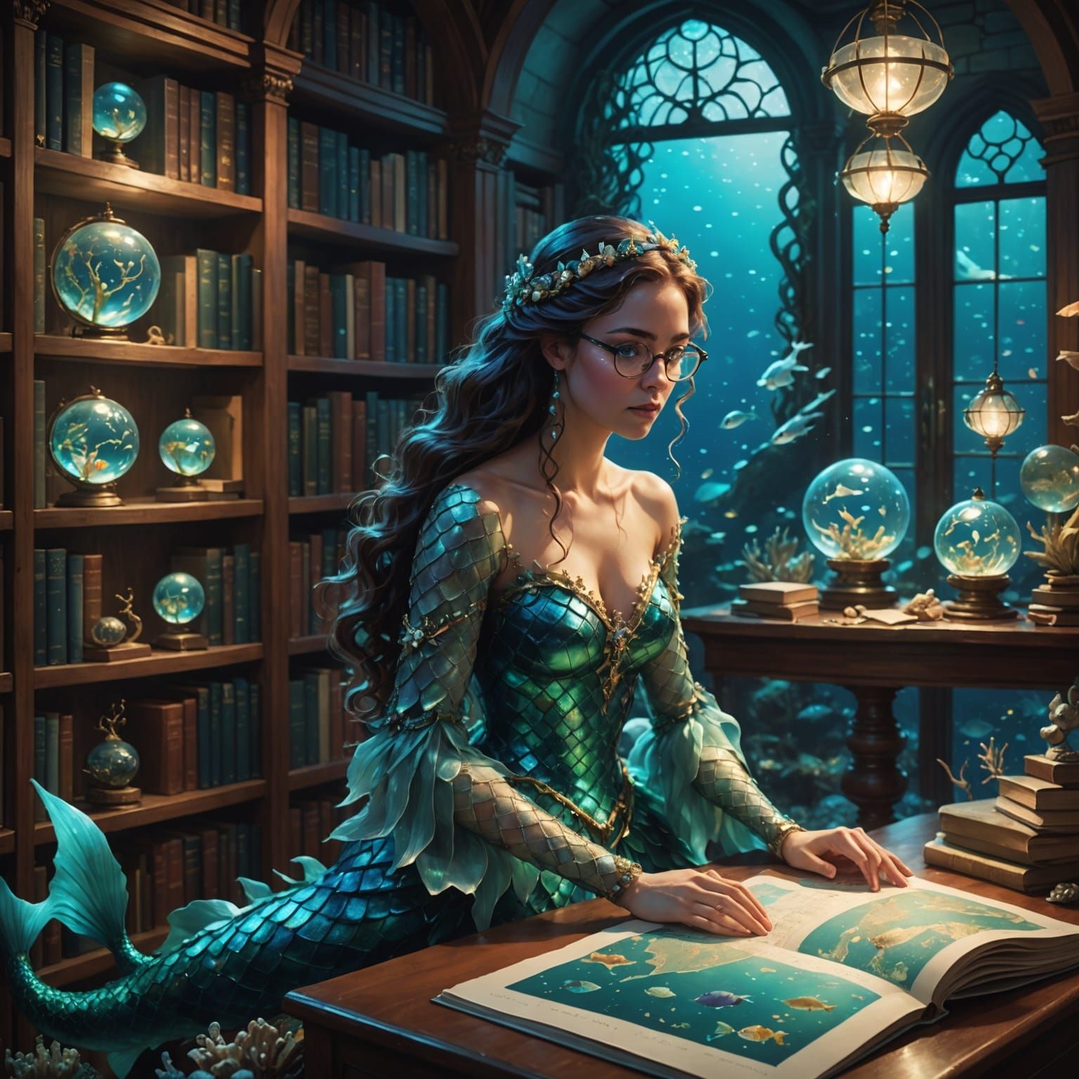 Mermaid Cartographer in Bioluminescent Library, Art Nouveau ...