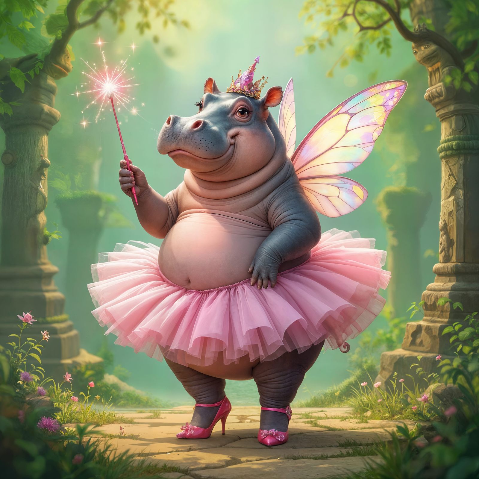 Fairy Winged Hippopotamus Dancing in Tutu and Heels