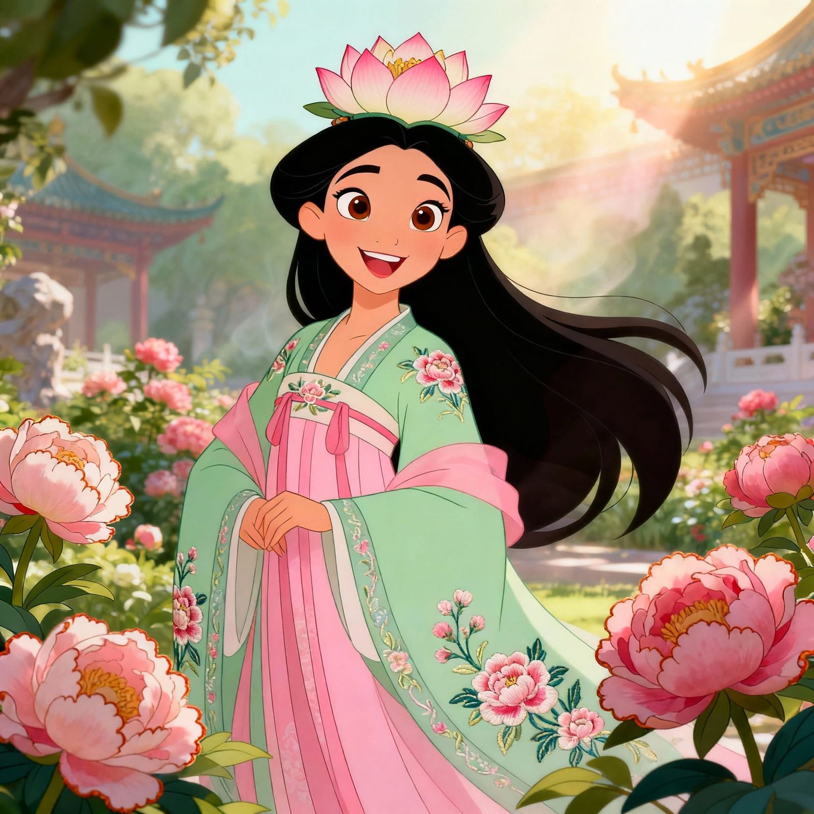 Cheerful Empress in Tang Dynasty Hanfu Amongst Peonies