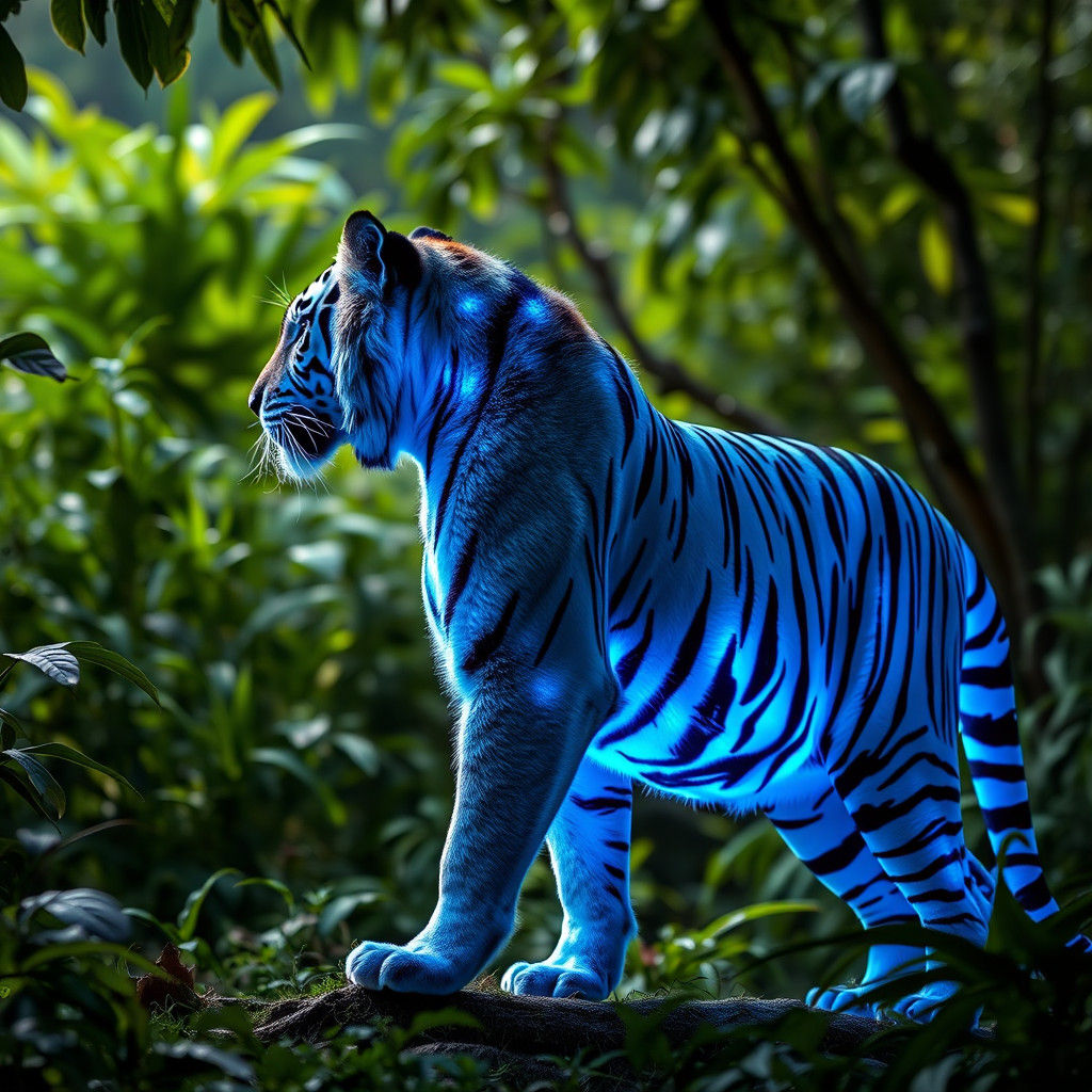 Blue Lighted Transparent Tiger in Green Jungle