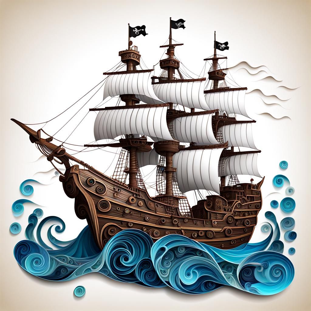 Pirate Ship Navigating a Typhoon in Quilling Style