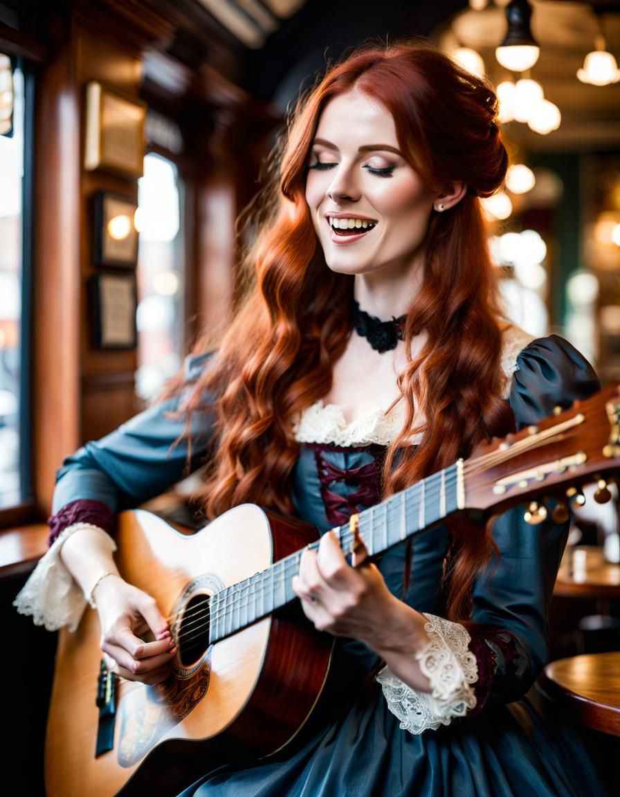 Victorian Woman Singing and Playing Guitar