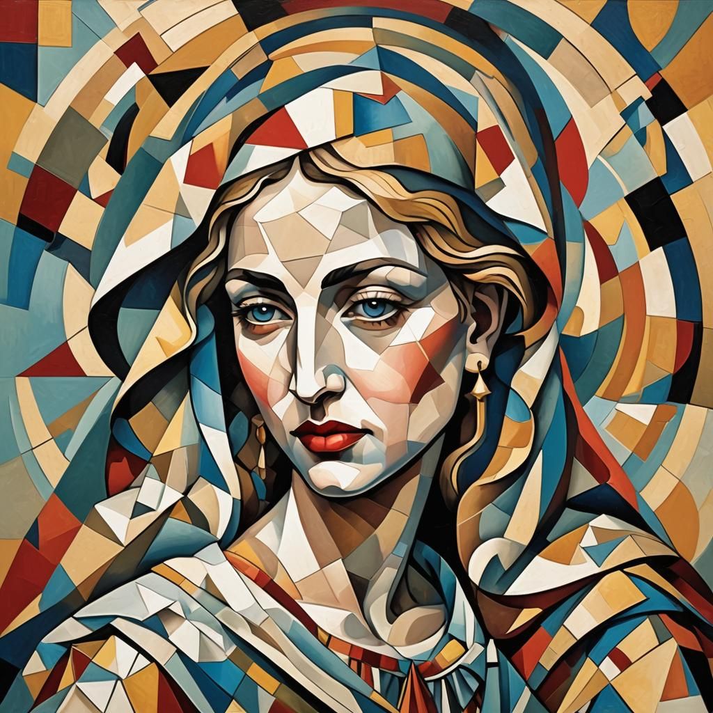 Cubist Madonna and Child Art Deco Painting