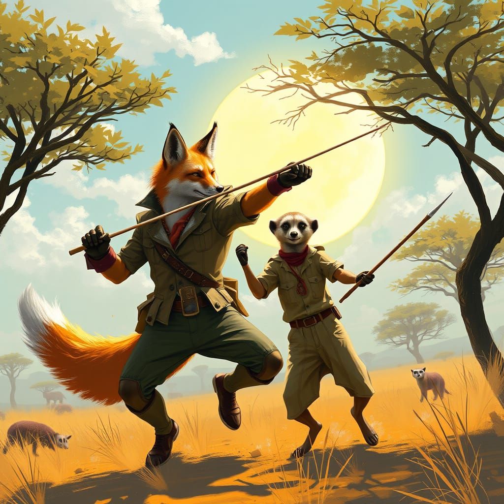 Fox-Human Battle on the Savannah: A Digital Painting