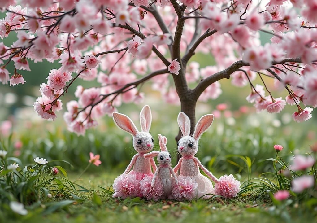 Rabbit String Dolls in Blossoming Garden