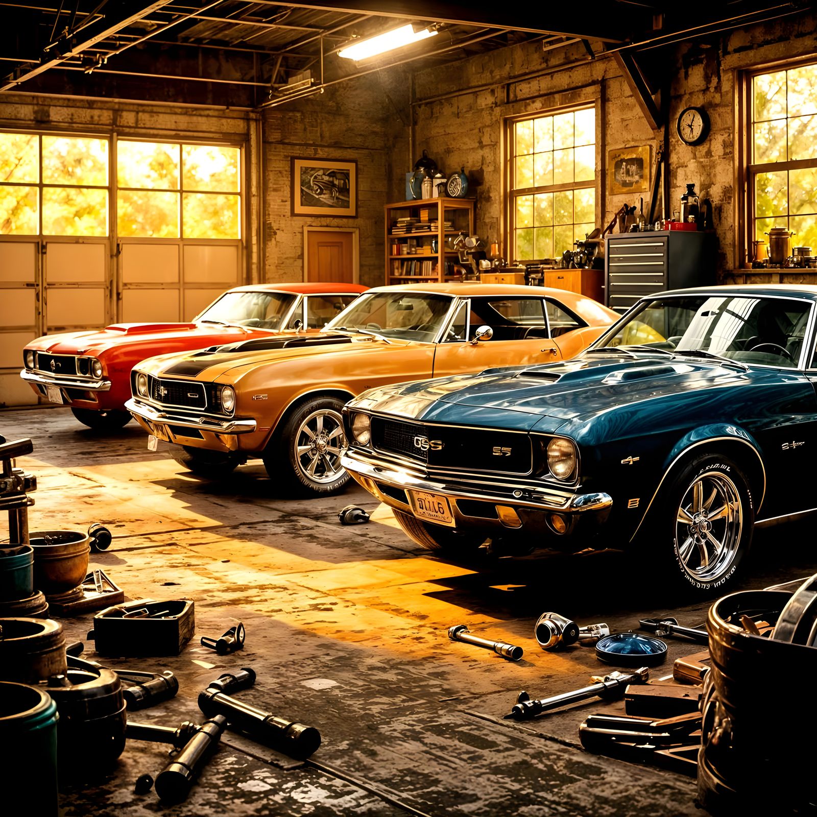 Iconic Classic American Muscle Cars in Vintage Garage