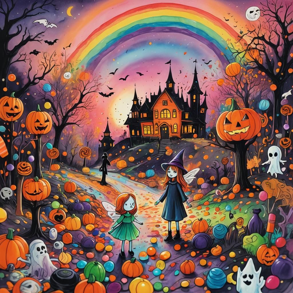 Halloween Scene in Childlike Surrealism