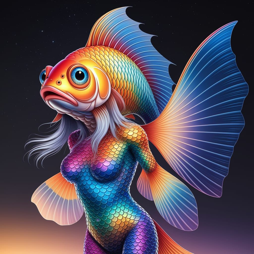 Surreal Goldfish Humanoid Emerges from Starry Night