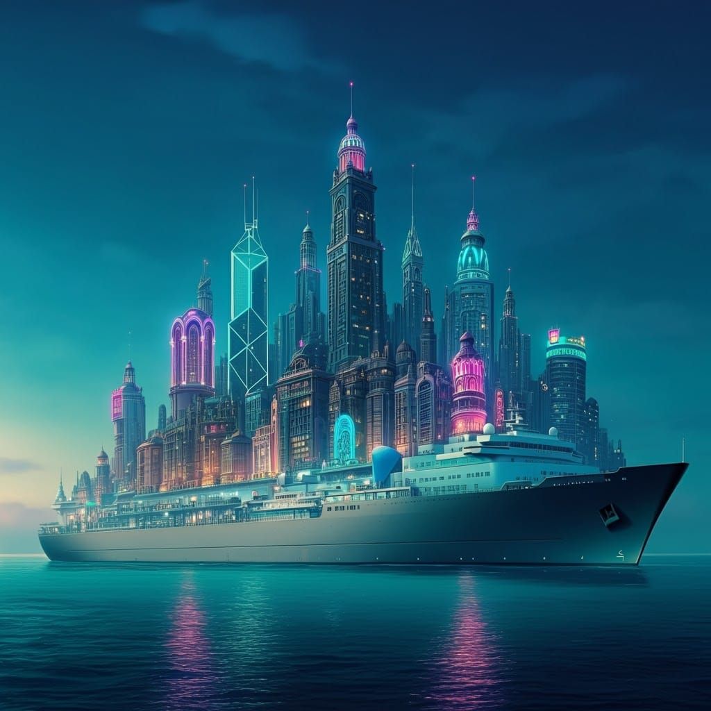 Futuristic Metropolis Atop Colossal Ship in Retro-Futuristic...