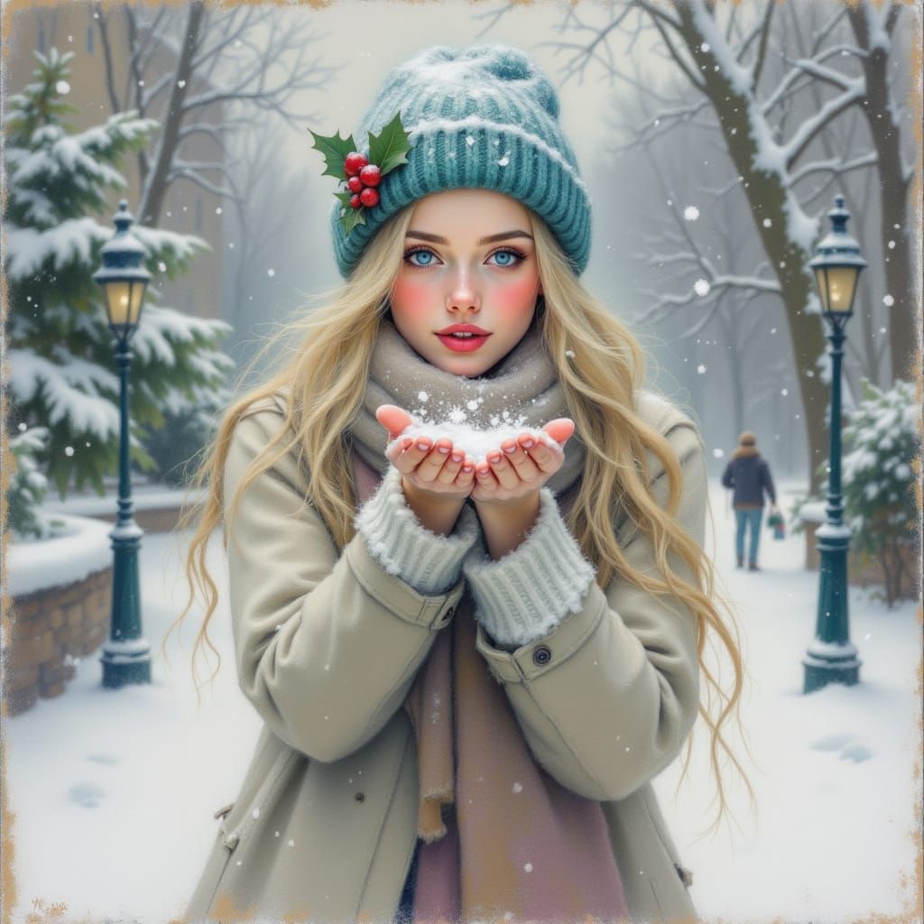 Blonde Woman in Snowy Garden Admiring Trees