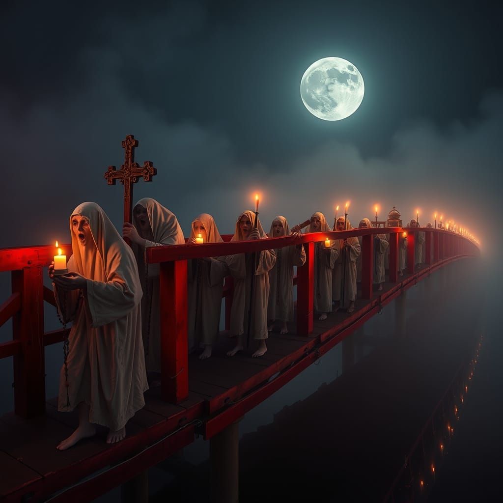 Ghostly Souls Procession Under Full Moon on Red Bridge