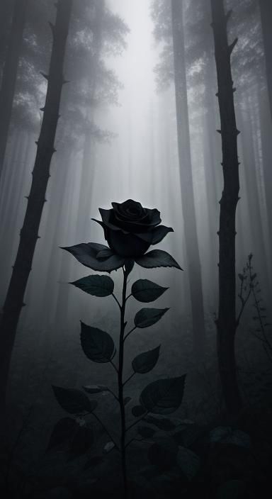 Eerie Black Rose in Misty Forest