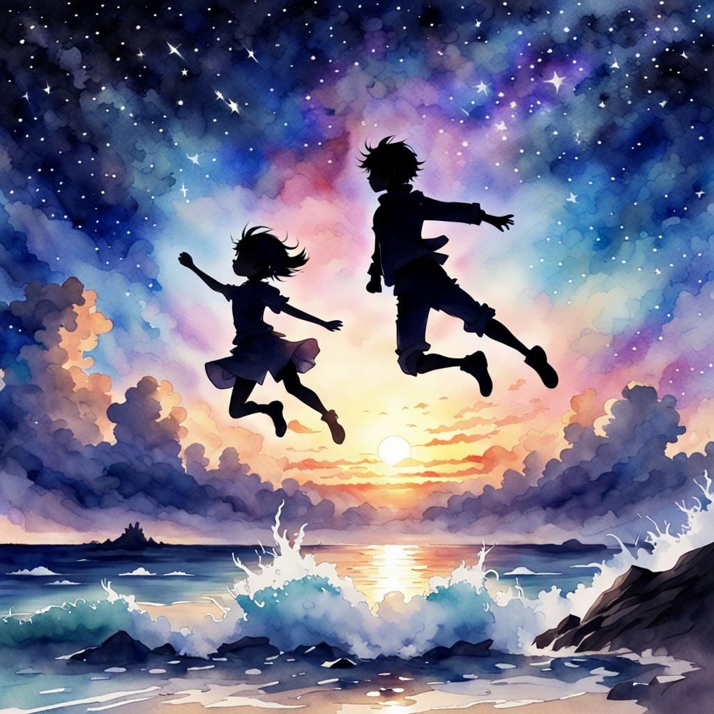 Silhouette Jumps Over Ocean of Stars: Anime Style
