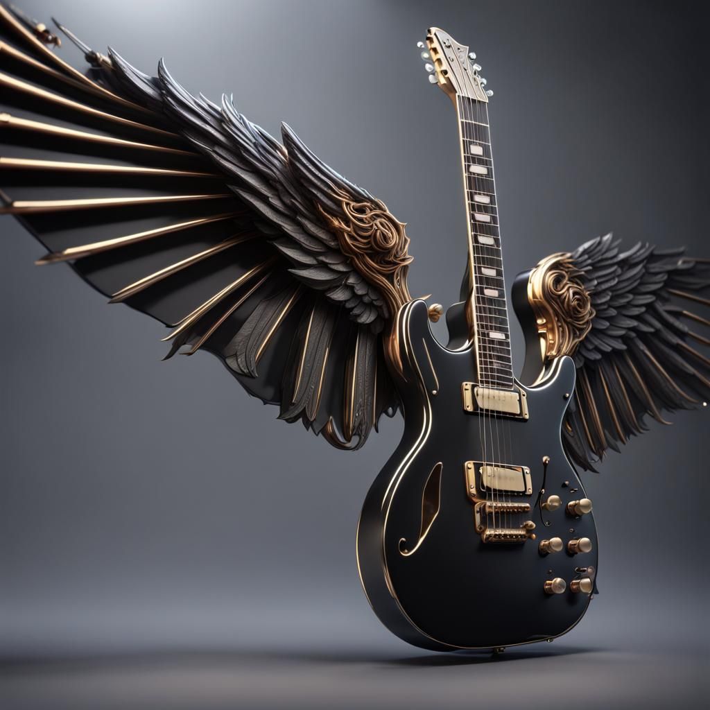 Large Black steel shiny Electric guitar with wings