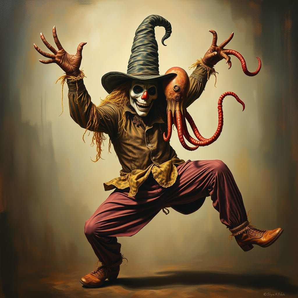 Intense Scarecrow Clown Hybrid Dancing, Surreal Oil Painting
