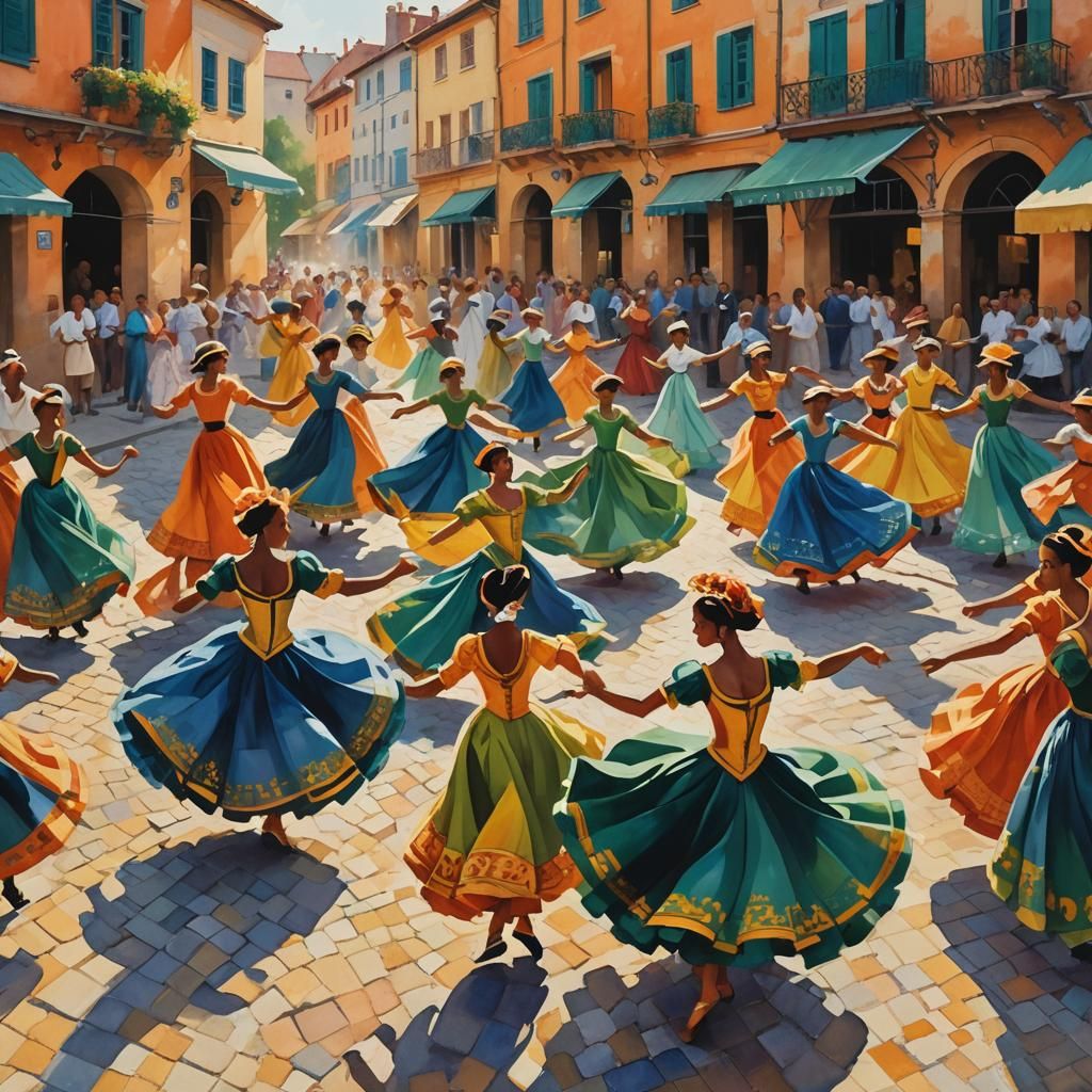 Vibrant Dance Scene in Gouache Style