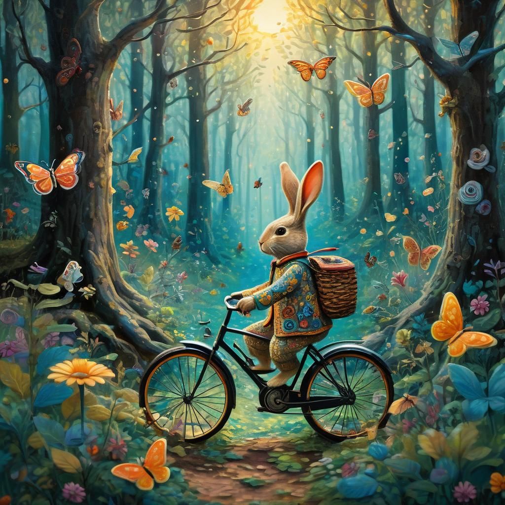Rabbit on Bicycle in Forest, Whimsical Folk Art