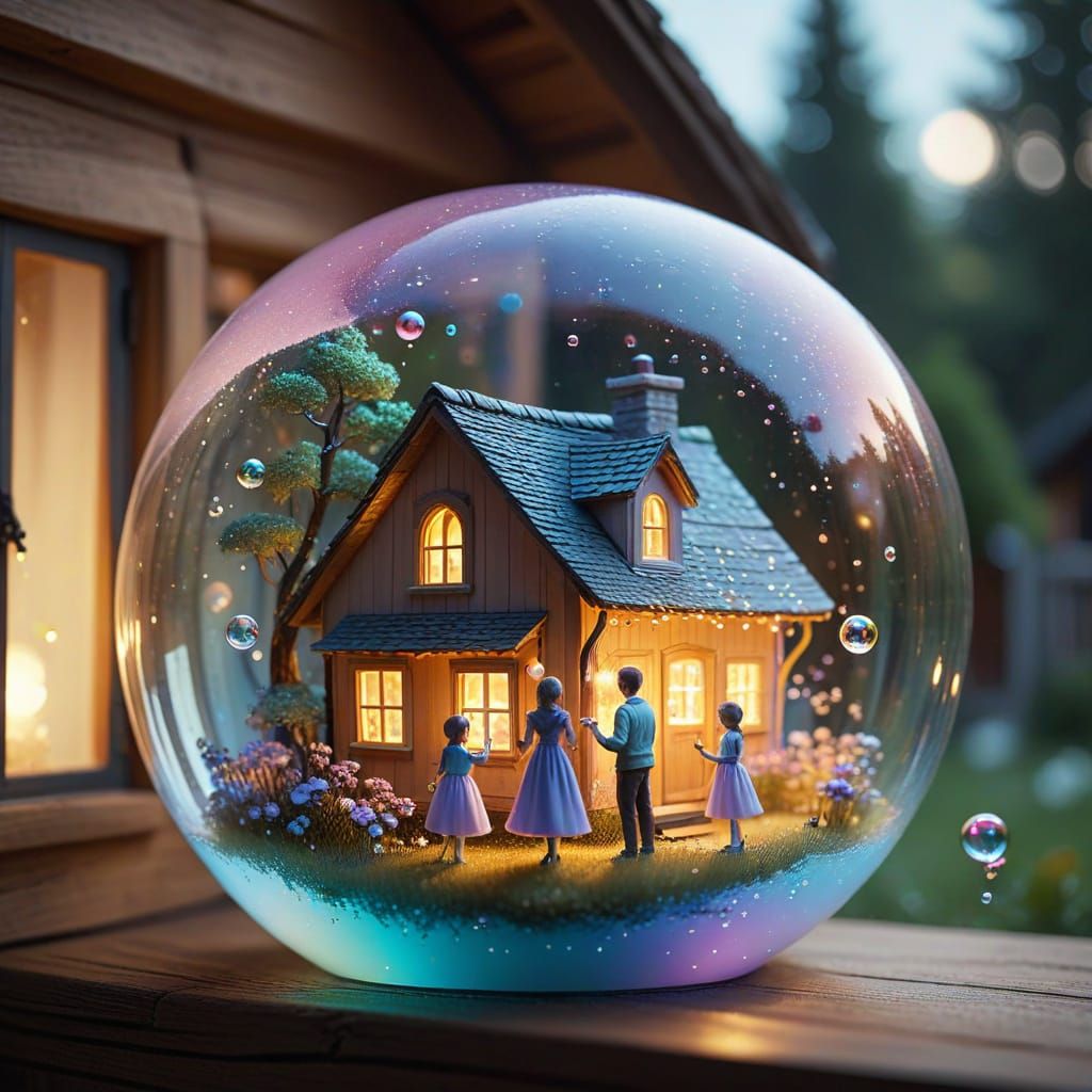 Whimsical Family Playing with Bubbles in Glass Ball
