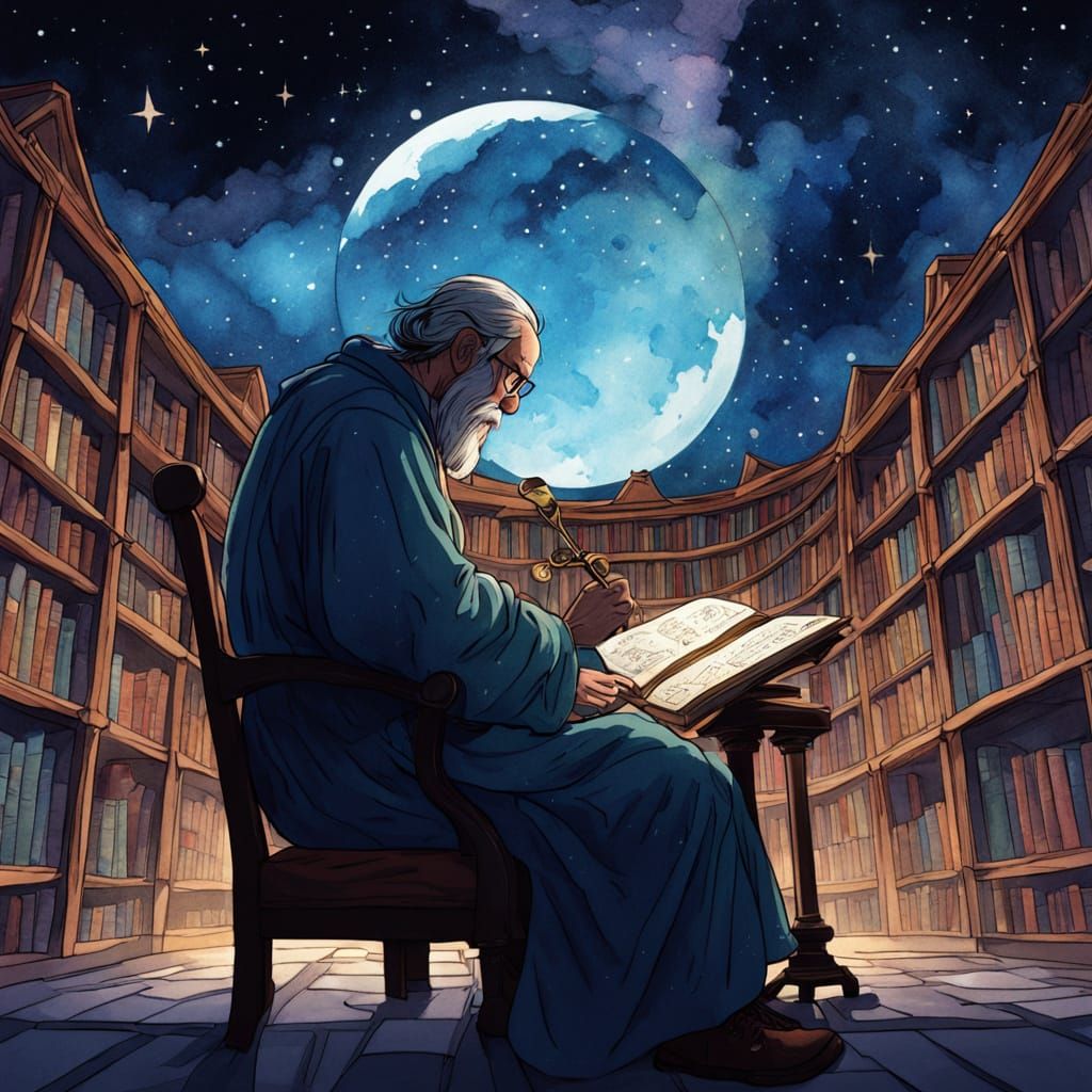 Celestial Cartographer in Starlit Library as Watercolor