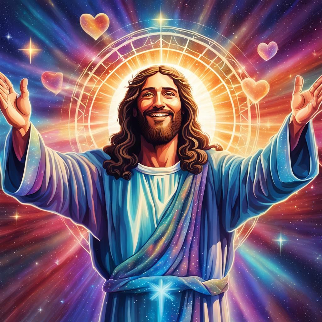 Jesus Christ Smiling with Hearts: Astral Illustration