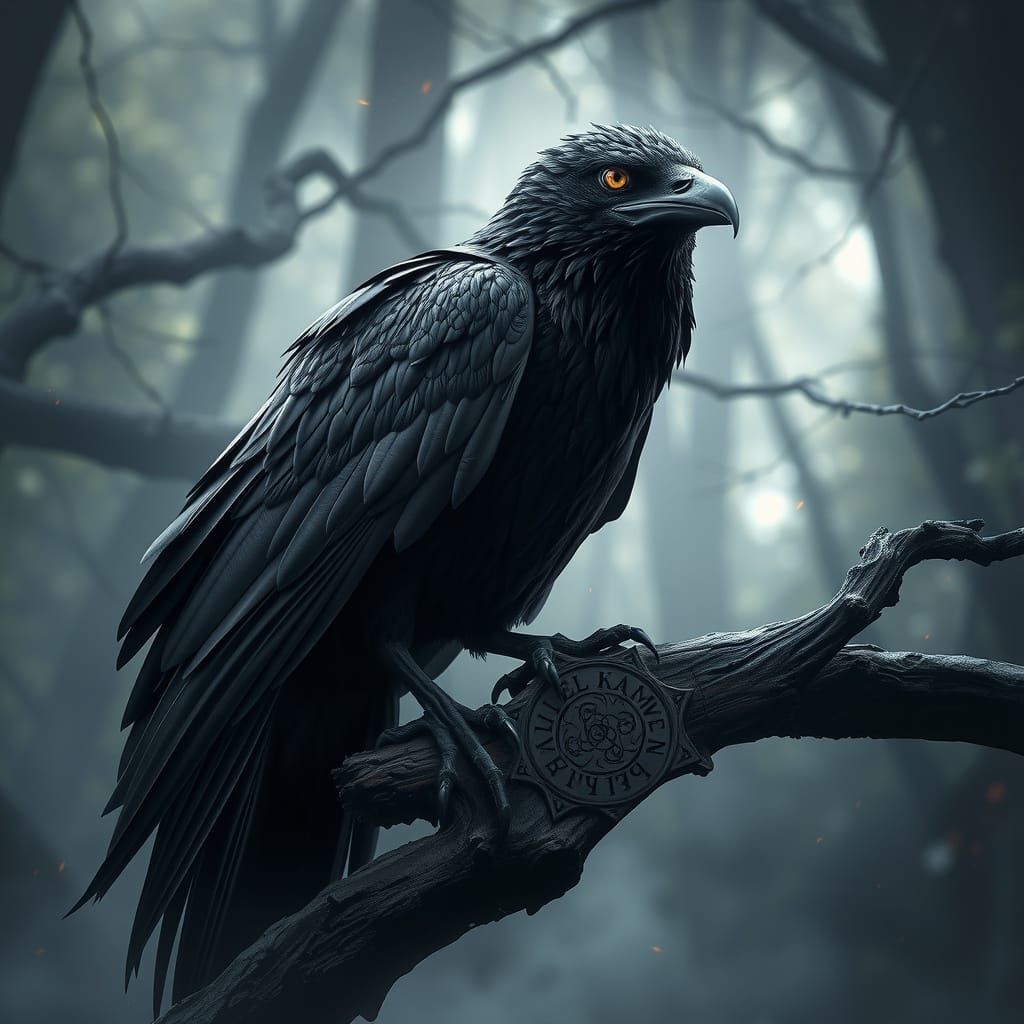 Dark Fantasy Raven in Misty Forest