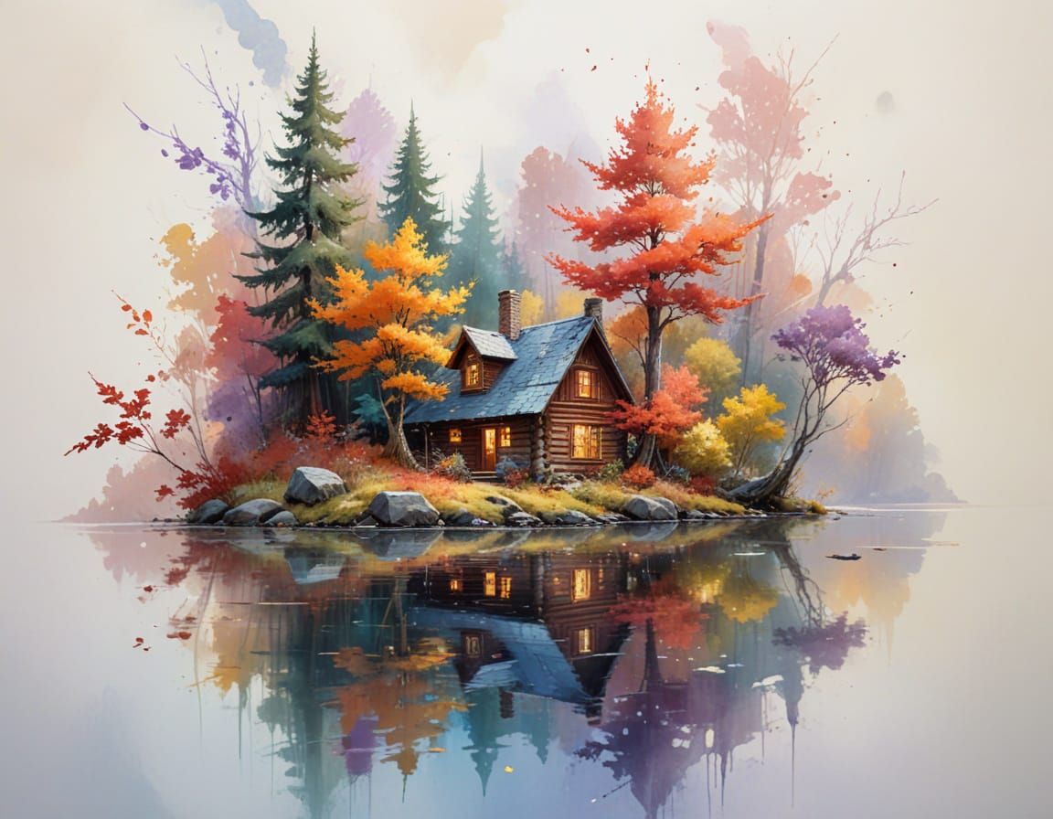 Log Cabin in Autumn Maple Forest Watercolor