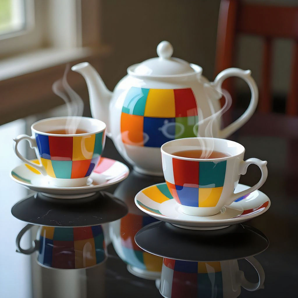 Modern Abstract Tea Set on Mirrored Surface