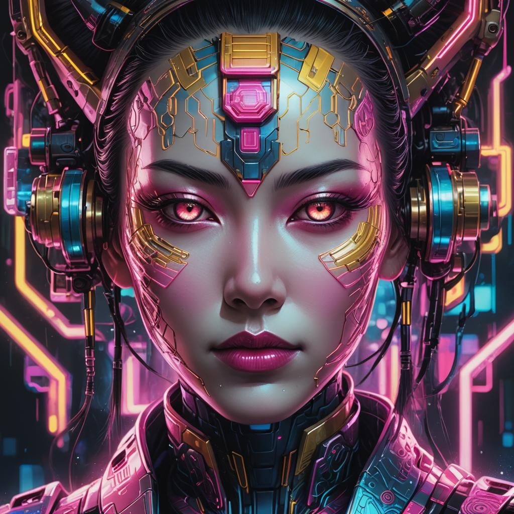 Cyberpunk Geisha Robot Portrait with Neon Lights