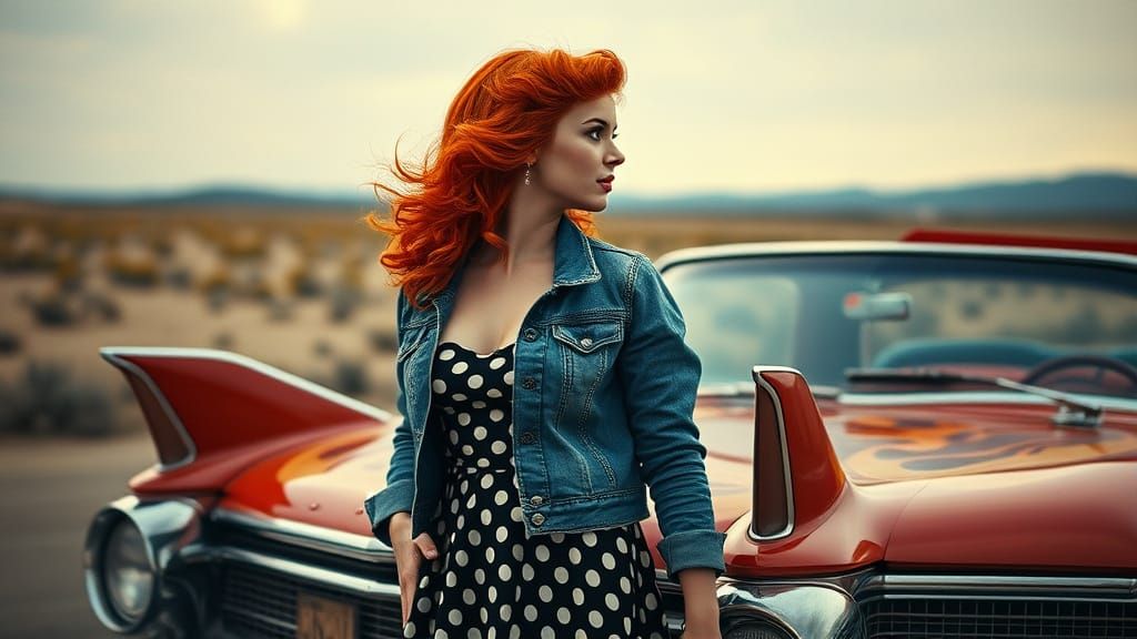 Retro Pin-Up Girl with Cadillac in Vintage Style