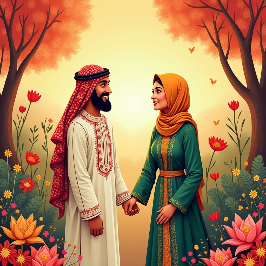 Joyous Yemeni-Turkish Wedding Illustration in Dreamy Style