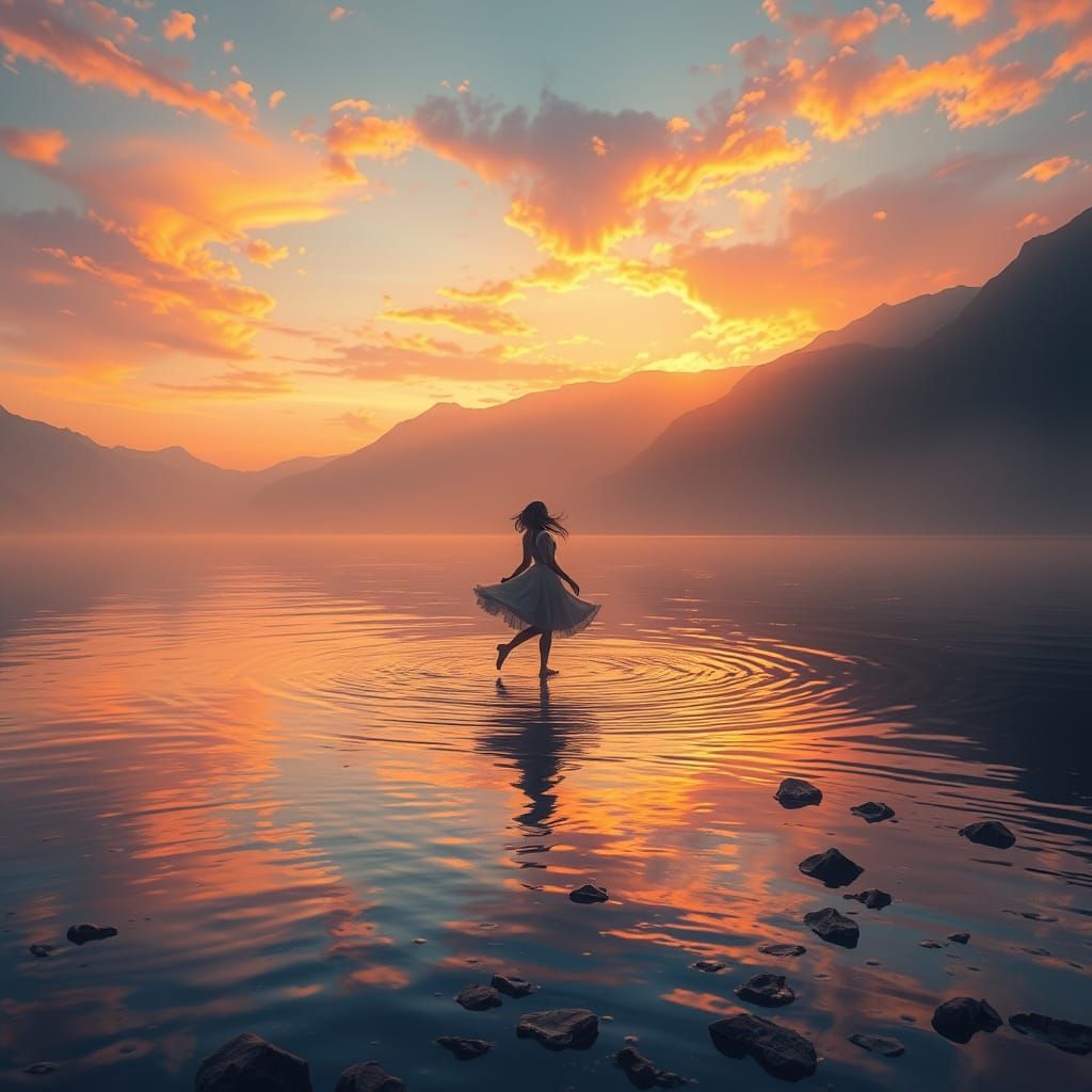 Figure Dancing on Water in Golden Hour Light