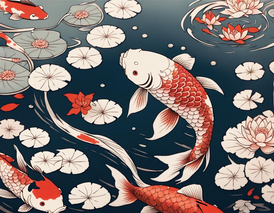 Koi Carp Swimming in Ukiyo-e Style