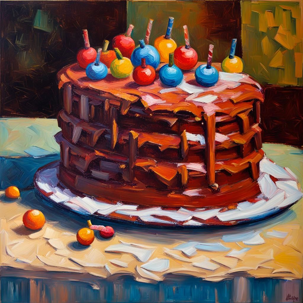 Chocolate Cake in Bakery: Neo-Impressionist Oil Painting