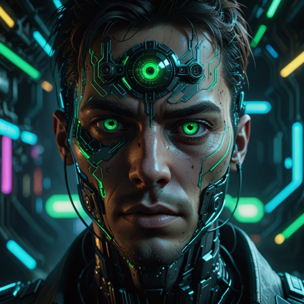 Hyper-Realistic Cybernetic Eye in Neon-Lit Futuristic Digita...