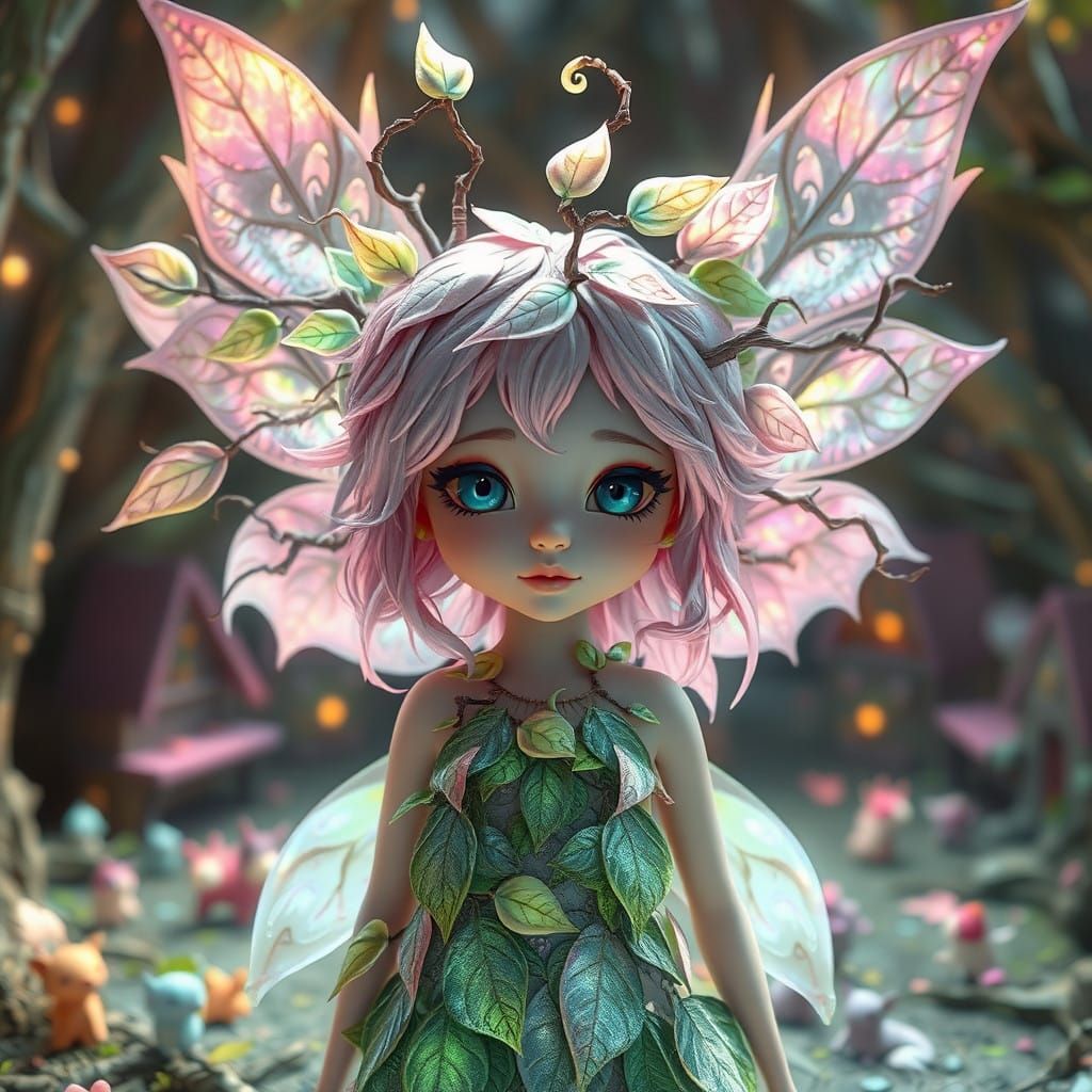 Fairy Goddess in Futuristic Whimsy with Floral Hair and Leaf...