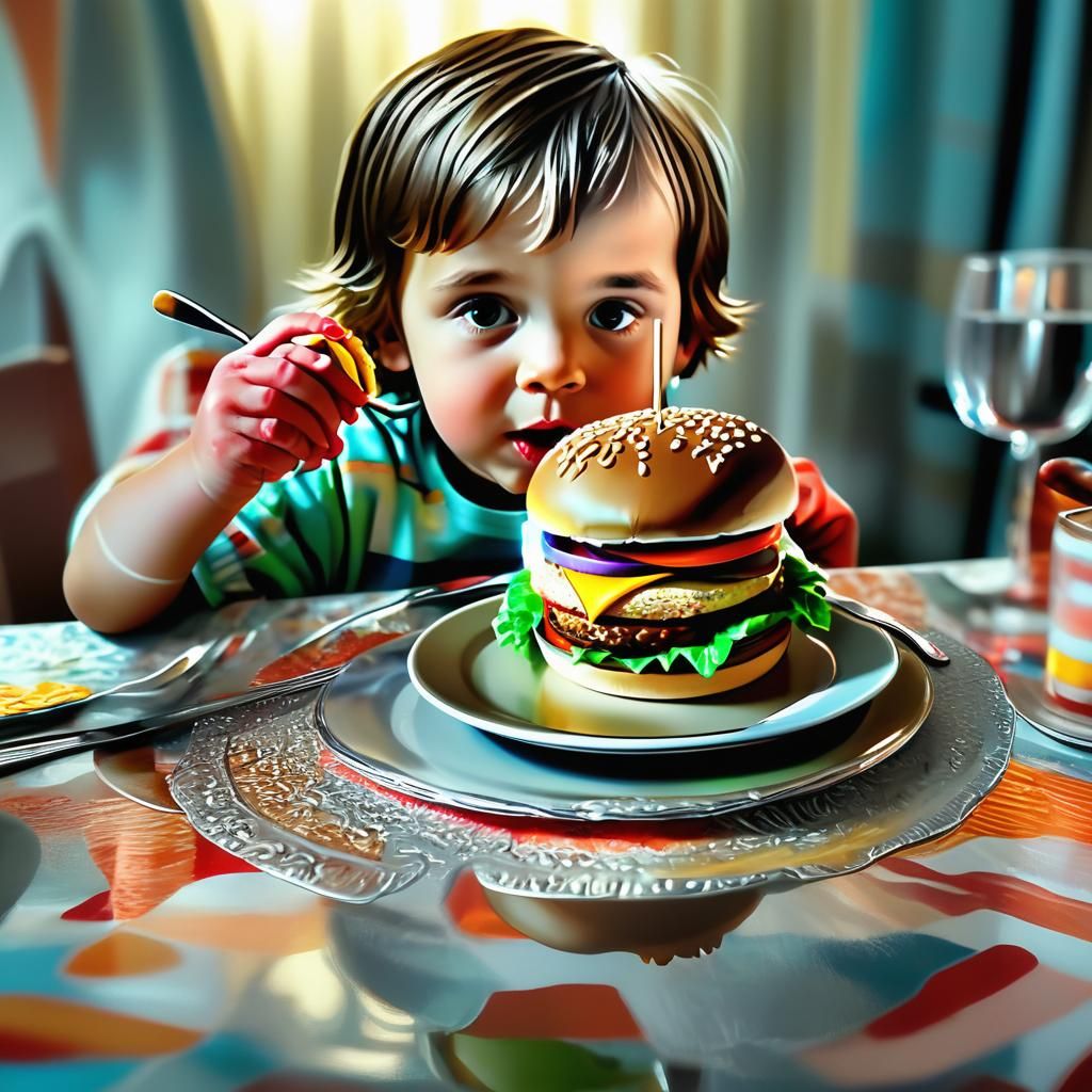 Child Eating Burger in Anamorphic Art