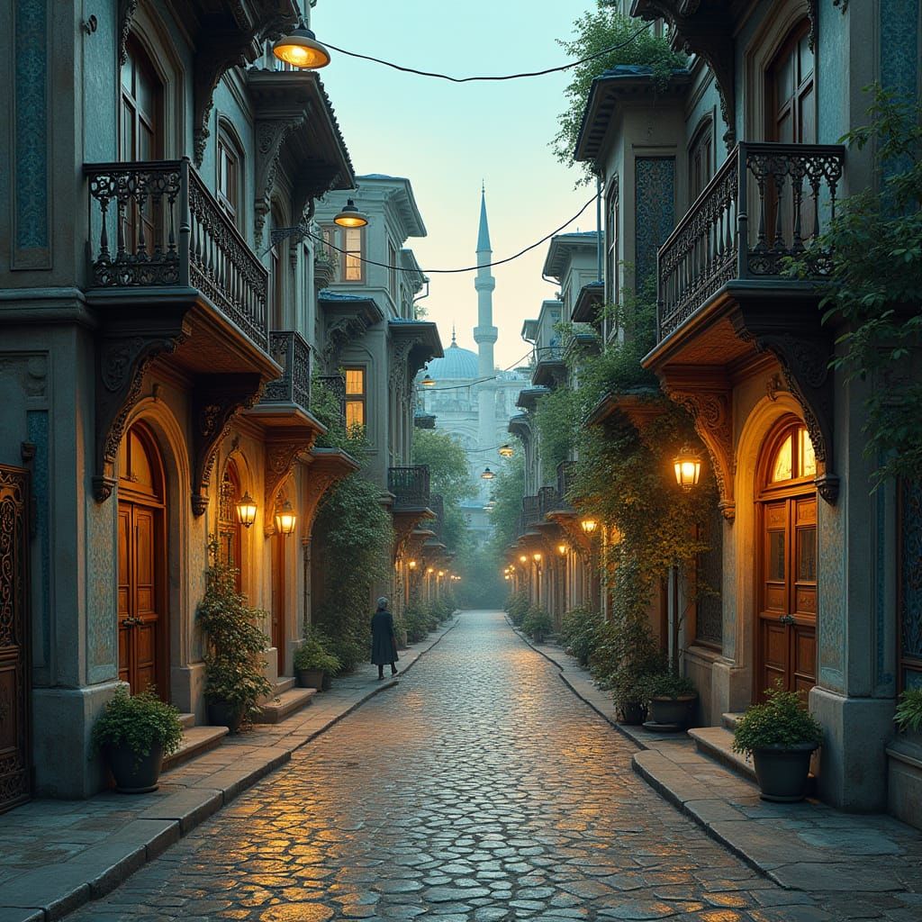 Turquoise Ottoman Street Scene in Istanbul's Golden Light